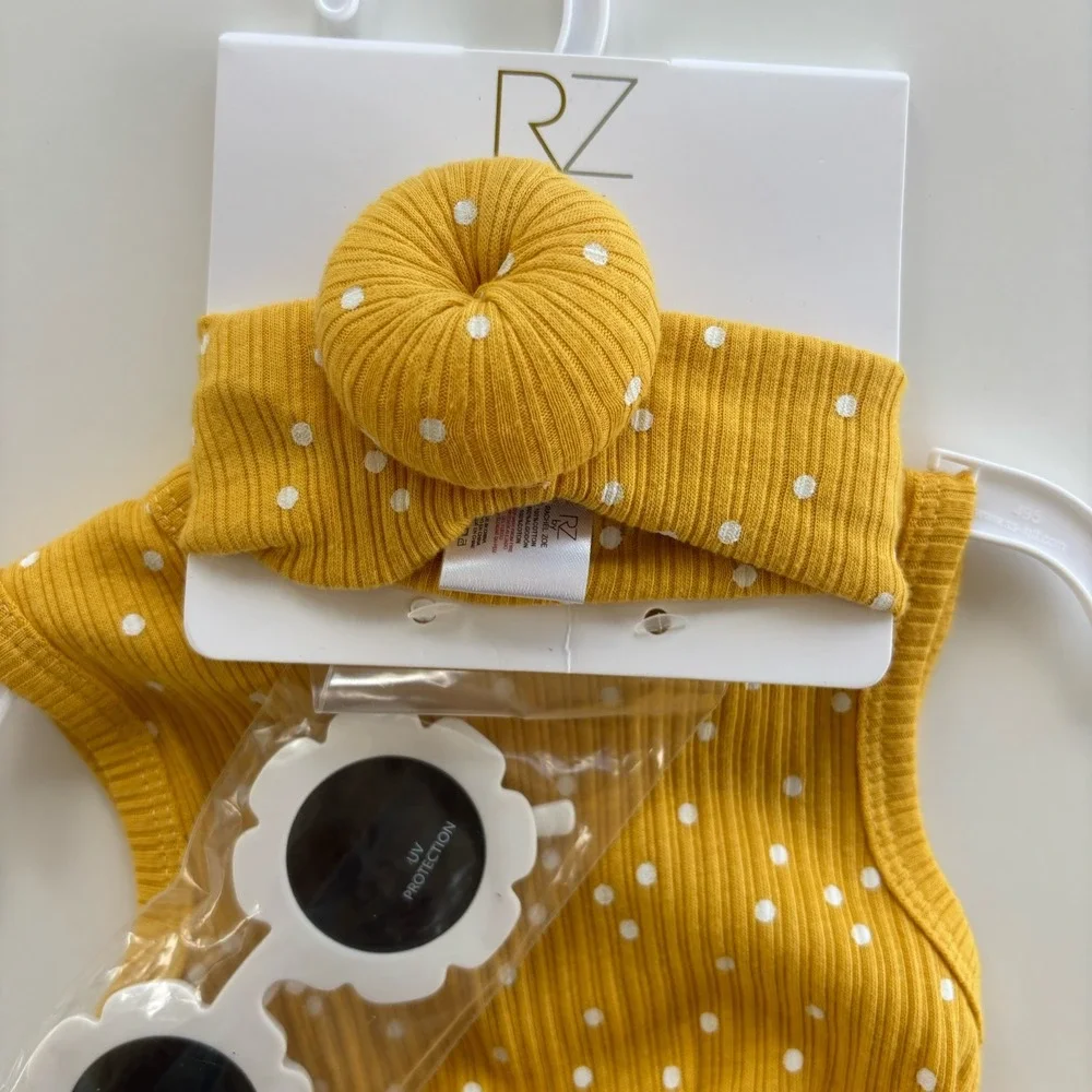 Rachel Zoe Yellow Polka Dot 3 Piece Set Sunglasses Bodysuit Headband Girls 6-9M‎